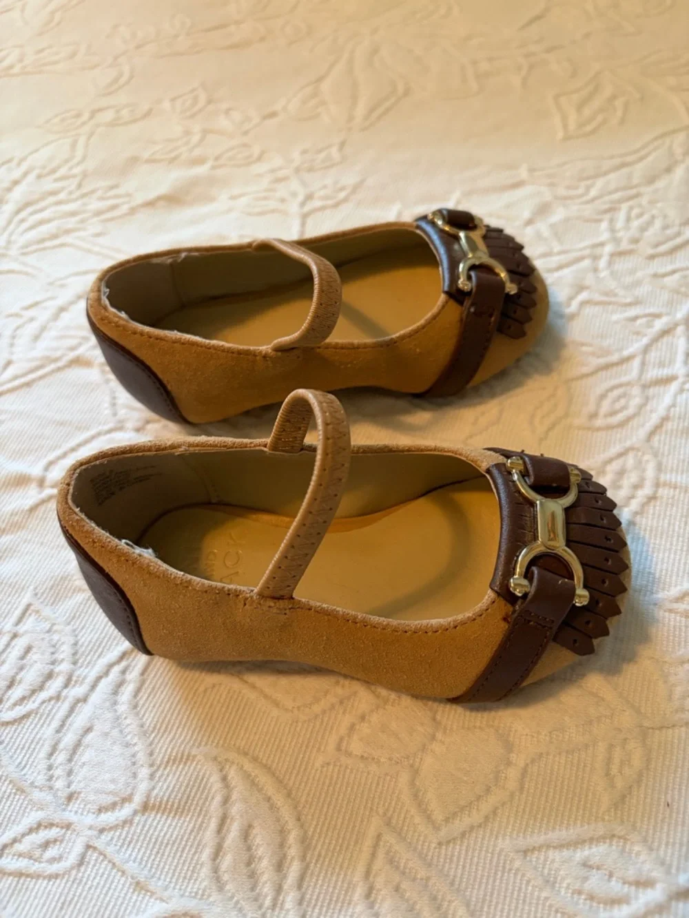 Janie and Jack 5 Girls Tan Mary Jane Fringe Flats with Brown Accent